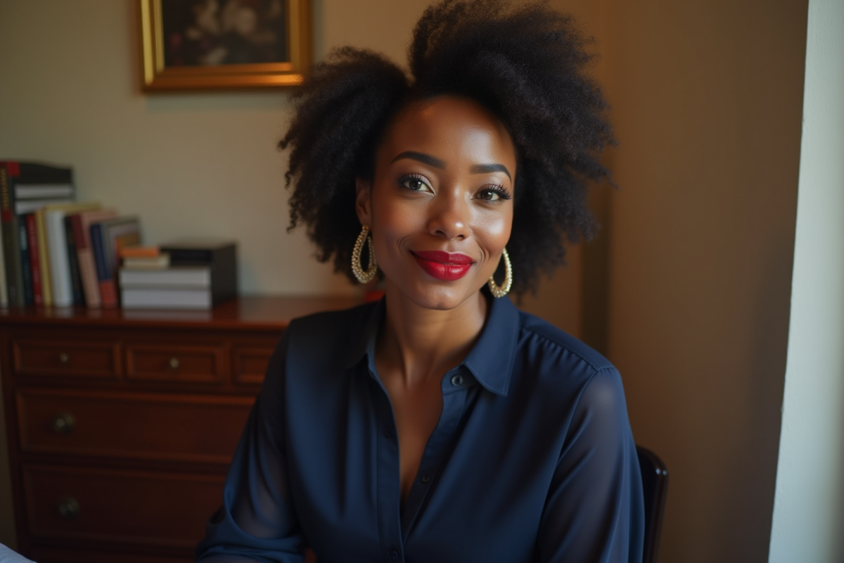 Femme noire appliquant du rouge à lèvres dans sa chambre