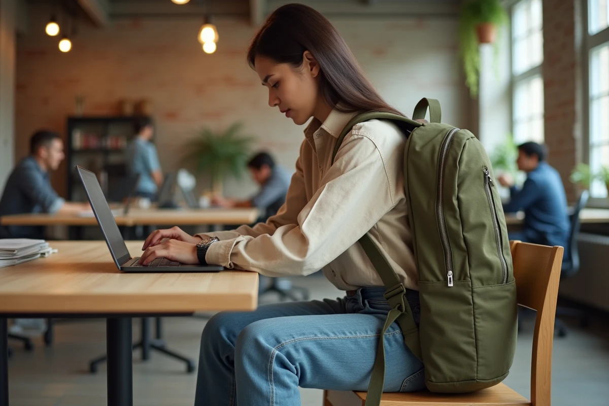 Femme ouvrant un sac à dos ordinateur portable dans un espace de coworking moderne et minimaliste