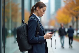 Femme en blazer marine utilisant le port USB de son sac à dos ordinateur en ville