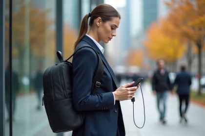 Femme en blazer marine utilisant le port USB de son sac à dos ordinateur en ville
