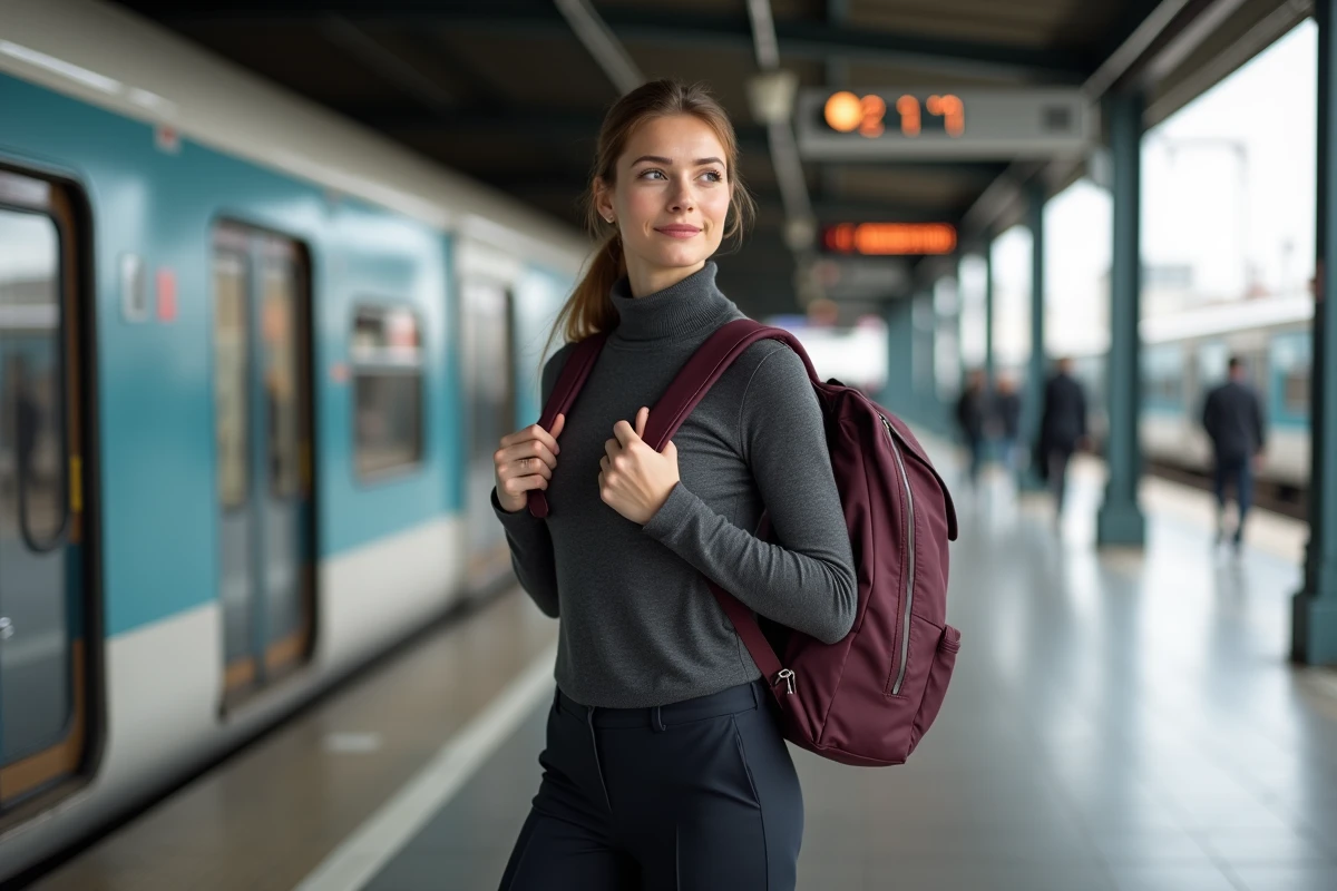 Femme en déplacement professionnel avec un sac à dos pour ordinateur portable dans une gare moderne