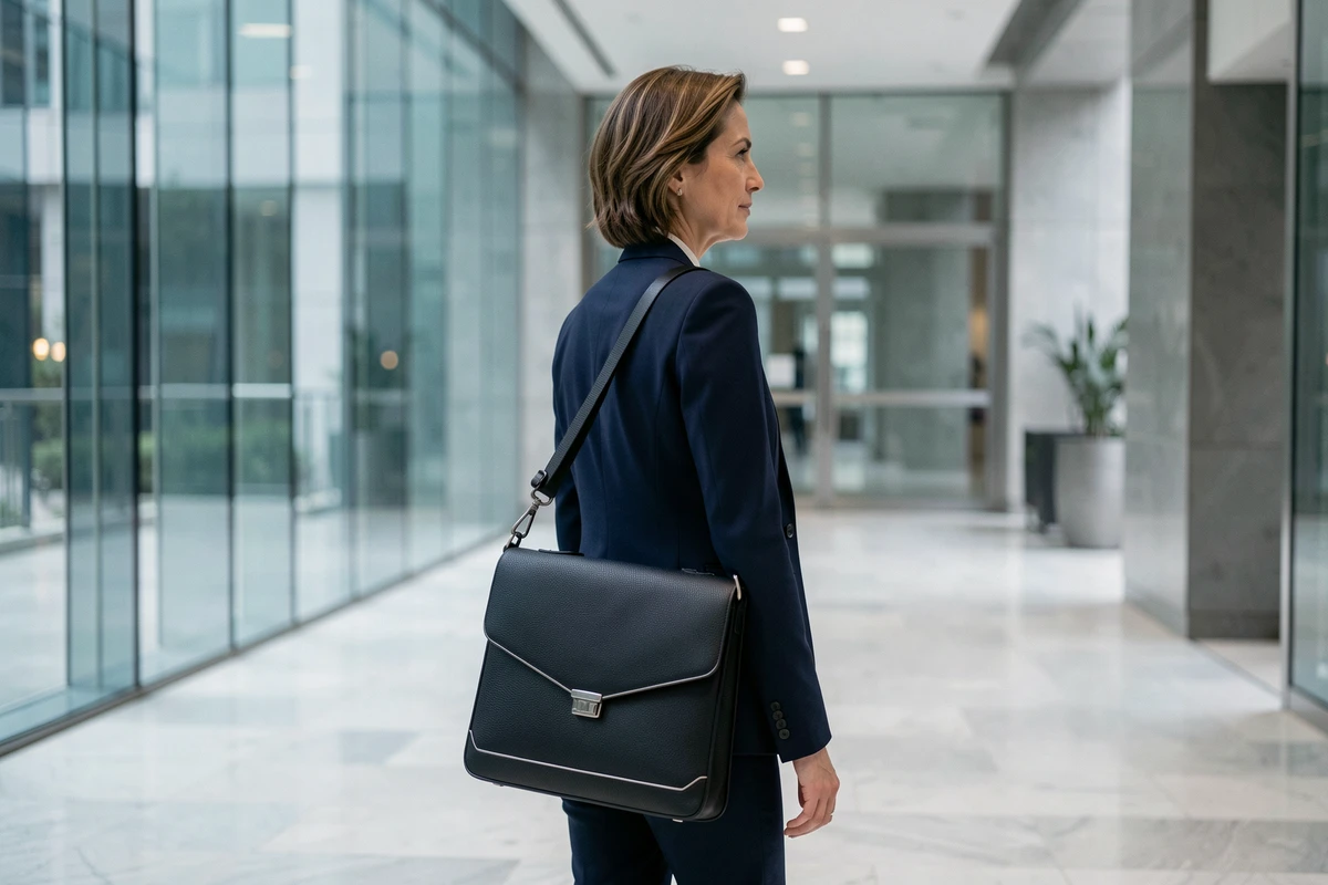 Femme professionnelle portant une sacoche cuir noire pour ordinateur dans un hall de bureau moderne