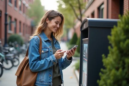 Femme scannant un QR code devant un point de d&eacute;p&ocirc;t urbain