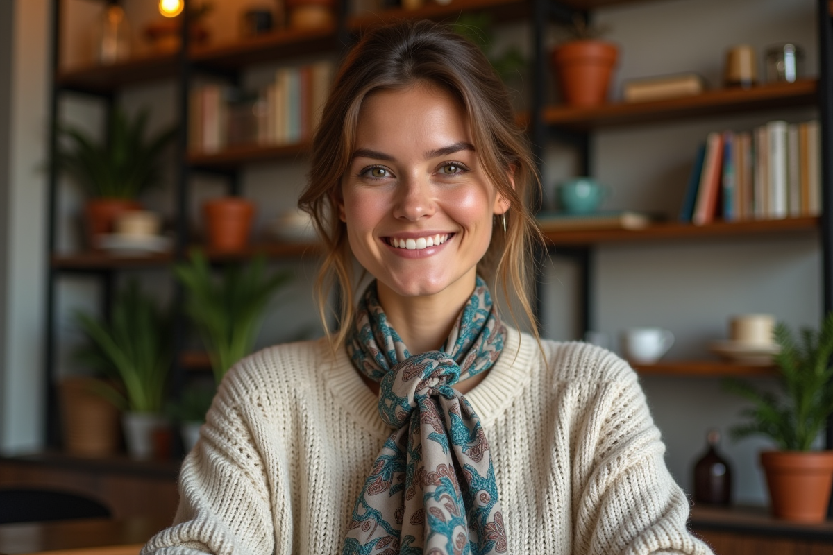 Femme élégante portant un foulard en soie dans un café