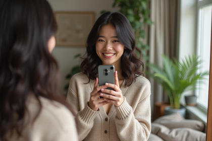 Femme souriante prenant un selfie dans sa chambre cosy
