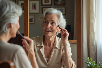 Femme senior appliquant du blush dans son miroir