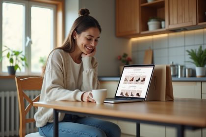 Jeune femme souriante achetant des chaussures en ligne à la maison