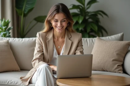 Femme &eacute;l&eacute;gante en blazer beige et bijoux minimalistes
