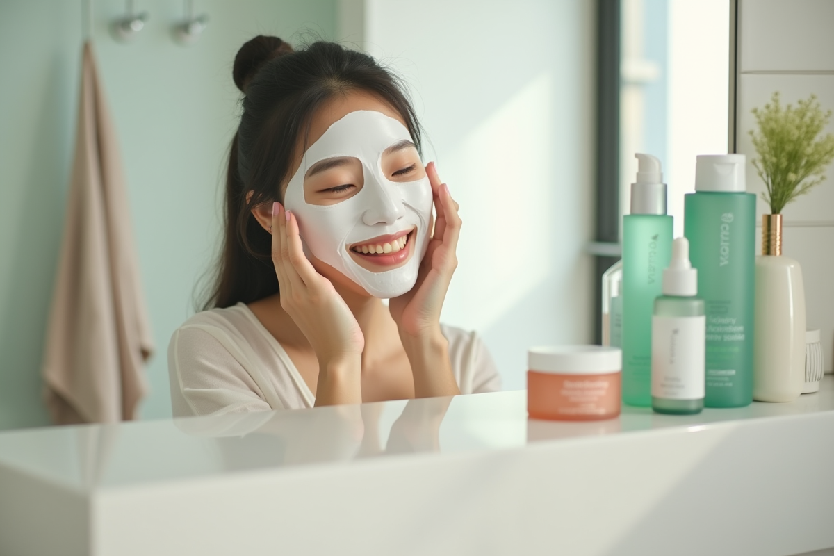 Jeune femme coréenne appliquant un masque visage dans une salle de bain lumineuse