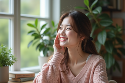 Femme souriante en int&eacute;rieur avec plantes et livres