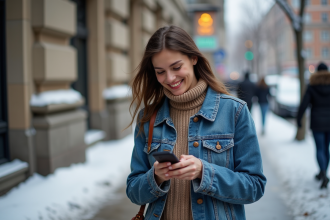 Femme en veste en denim bleu et pull d'hiver dans la ville enneigee
