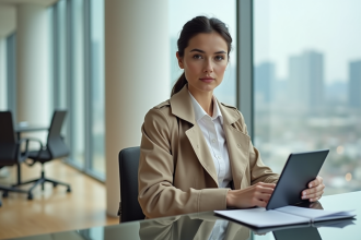 Femme élégante au bureau avec trench beige et tablette
