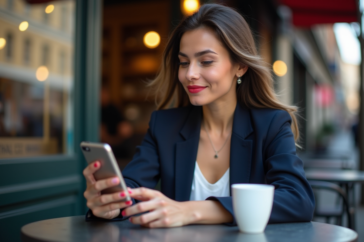 Jeune femme vérifiant son rouge à lèvres au café en extérieur