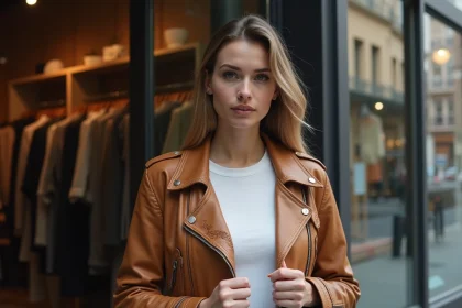 Femme portant une veste en cuir vintage marron devant une boutique de vêtements d'occasion, examinant la coupe et les revers du vêtement