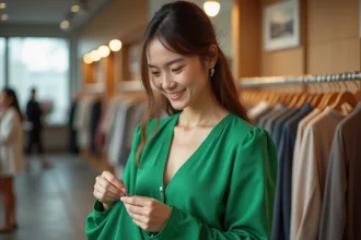 Femme en robe verte inspectant la couture dans une boutique moderne