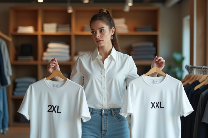 Femme regardant les étiquettes de tailles de t-shirts