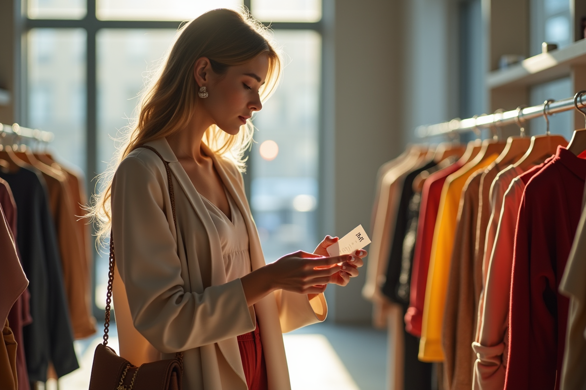 Jeune femme vérifiant une étiquette Zara dans un magasin tendance