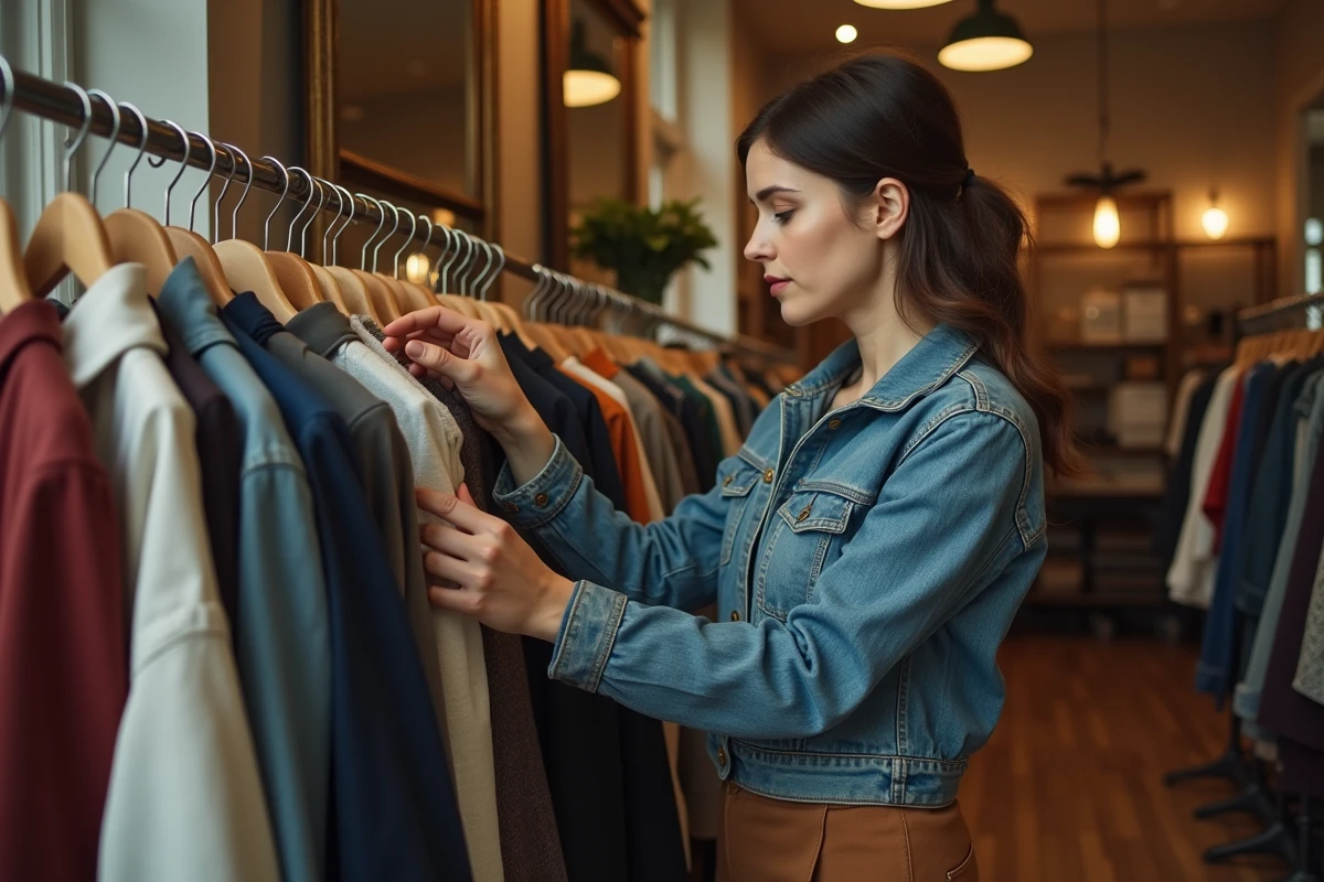Femme en denim vintage dans une boutique chaleureuse