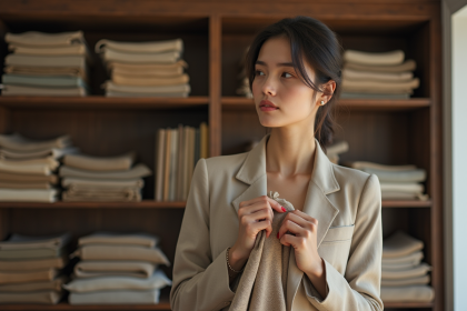 Femme en tailleur en lin examinant un vêtement vintage