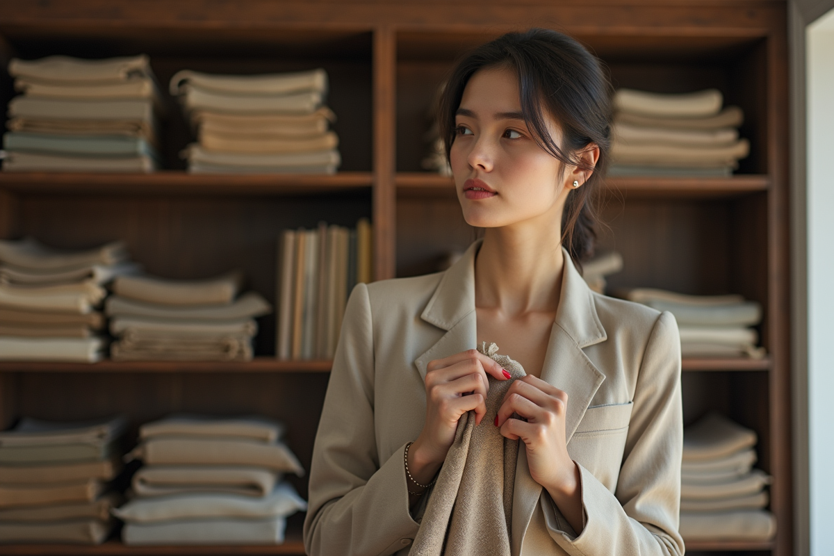 Femme en tailleur en lin examinant un vêtement vintage