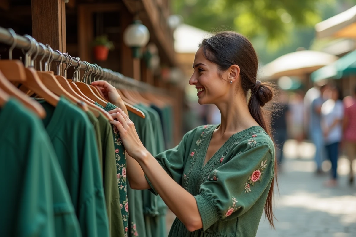 Jeune femme dans un marché de rue regardant une robe verte