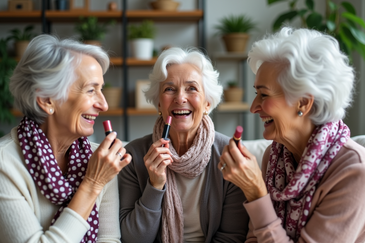 Trois femmes âgées partageant un moment maquillage