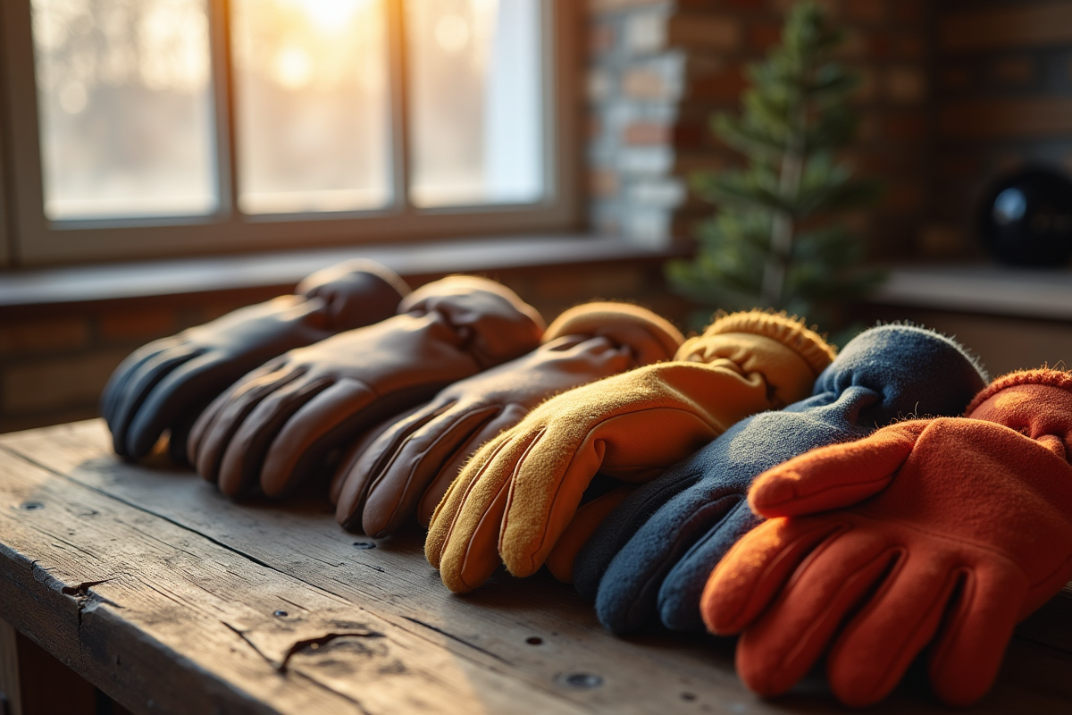 Gants isolés en cuir laine et fleece sur une table en bois