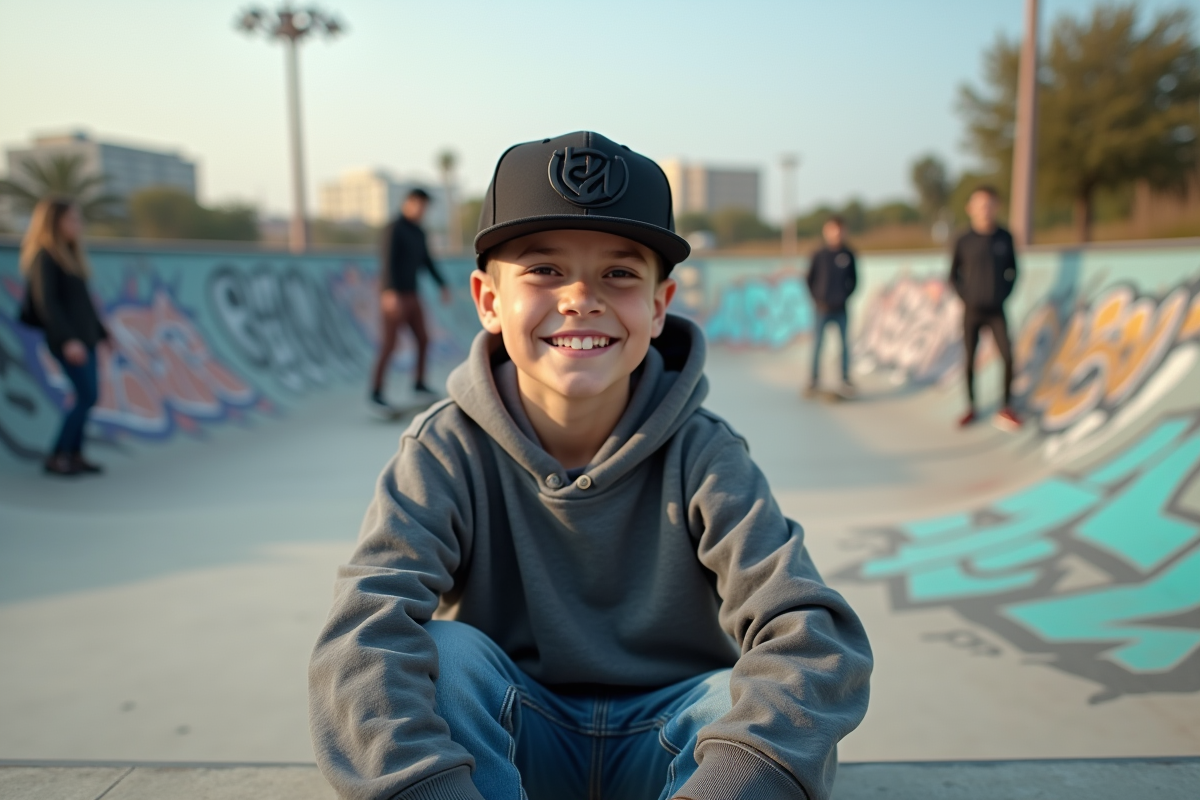 Garçon ado souriant en hoodie et casquette dans un skatepark