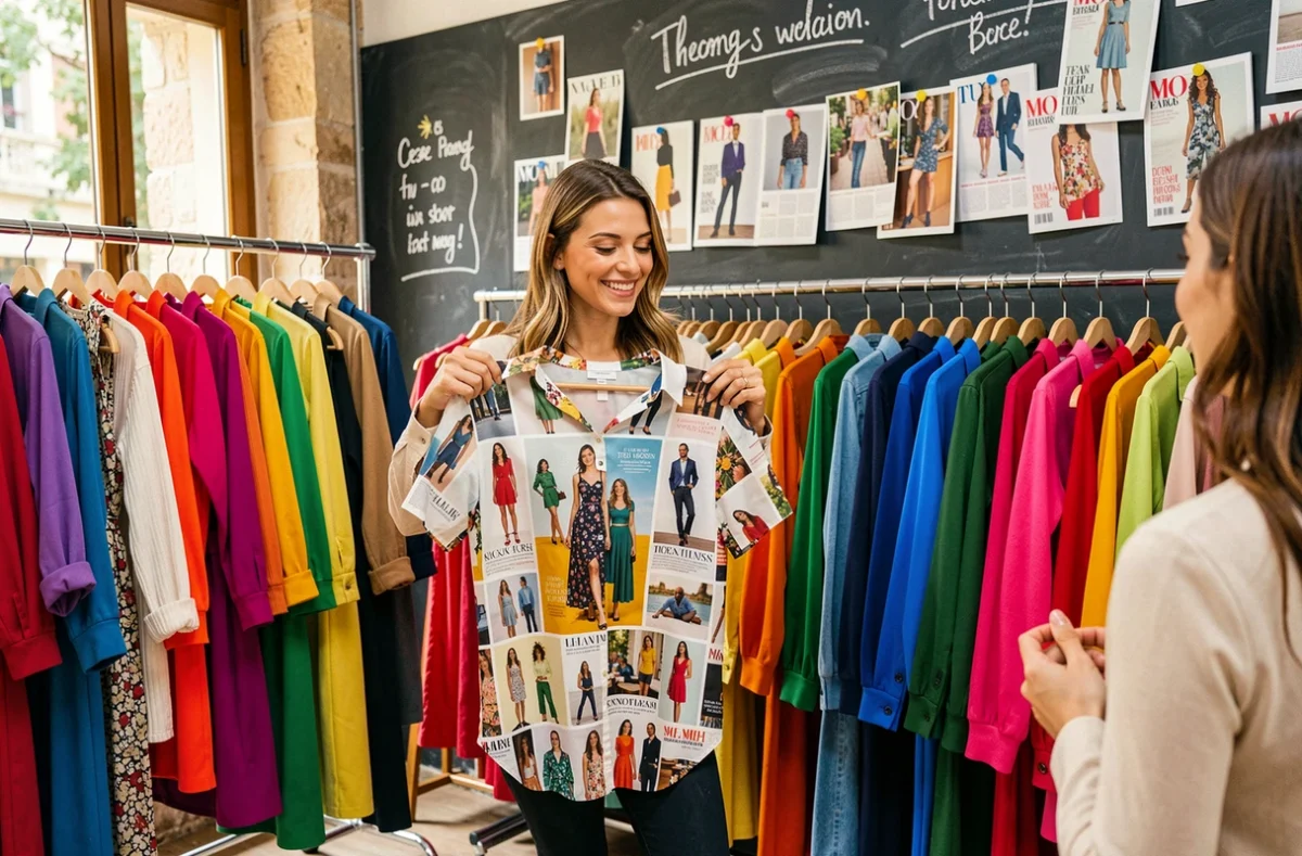 Boutique Gossip prêt-à-porter femme à Avignon avec des pièces tendance colorées sur des portants chromés et une cliente souriante tenant un chemisier imprimé