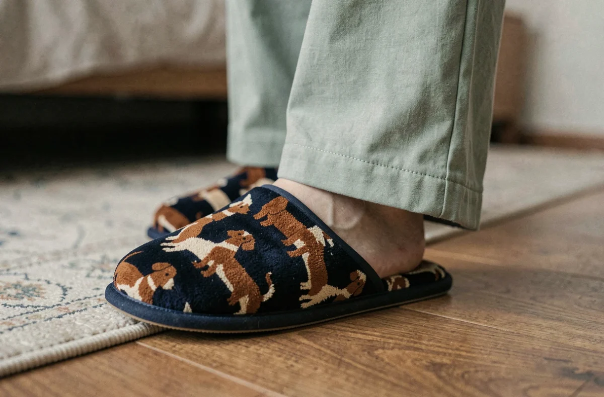 Gros plan sur un chausson teckel motif chien long enfilé sur un pied avec un parquet et tapis doux en arrière-plan