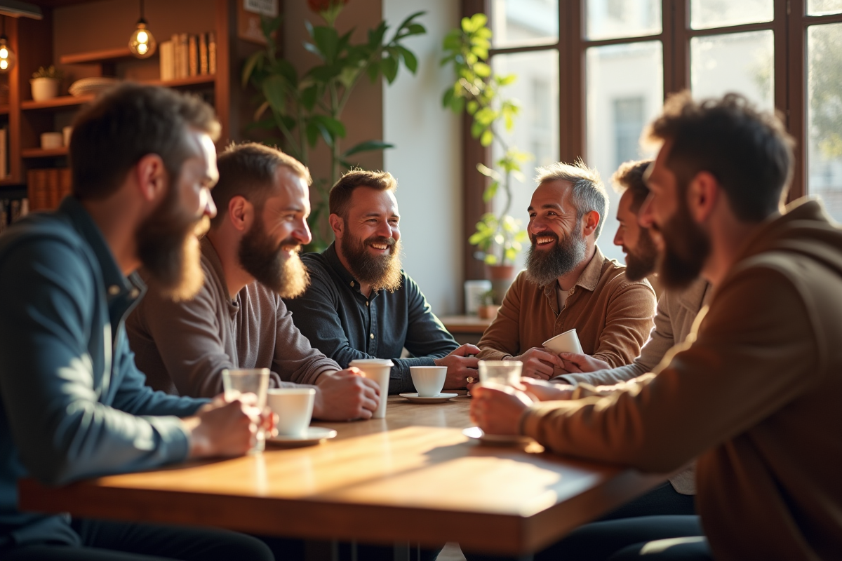 Groupe d amis avec styles de barbes Van Dyke au café