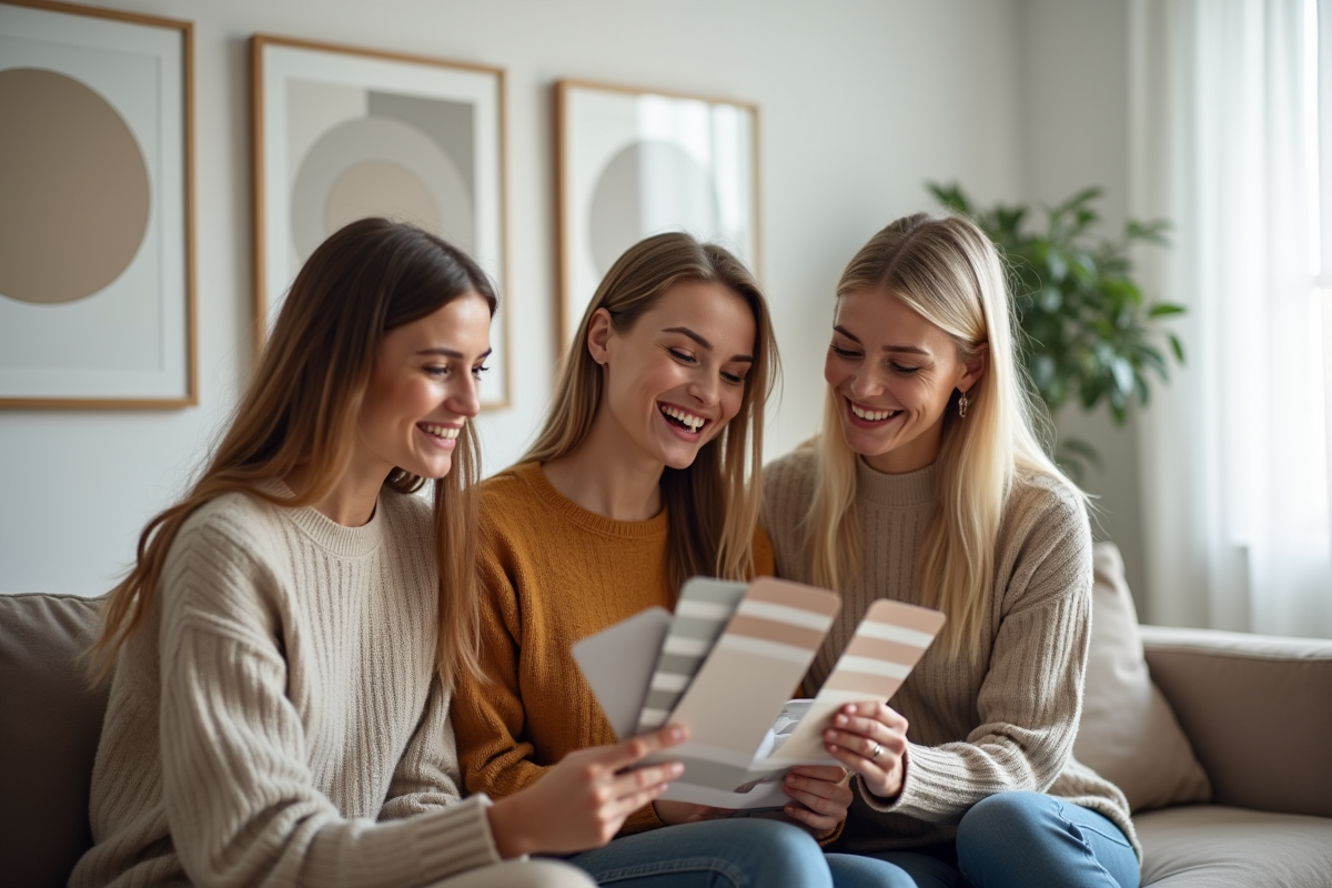 Groupe de trois personnes discutant d une palette de couleurs