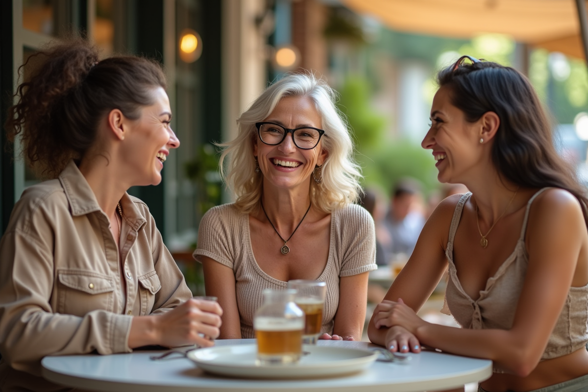 Groupe de femmes de tous ages discutant a un cafe en plein air