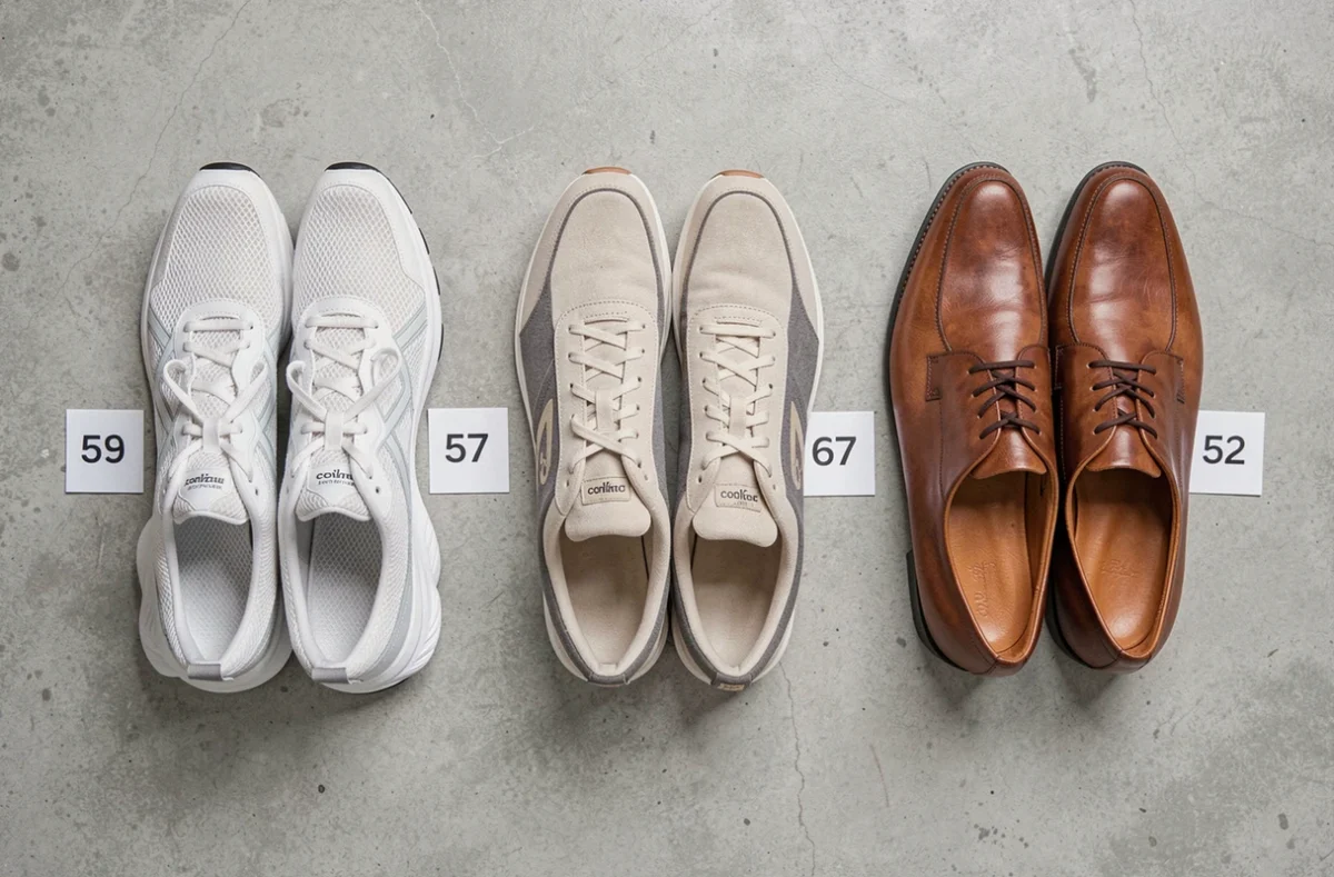 Vue de dessus de trois paires de chaussures de types différents avec étiquettes de tailles, montrant les variations de pointures entre baskets de sport, sneakers casual et chaussures de ville