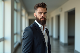 Jeune homme avec barbe Van Dyke en ville moderne