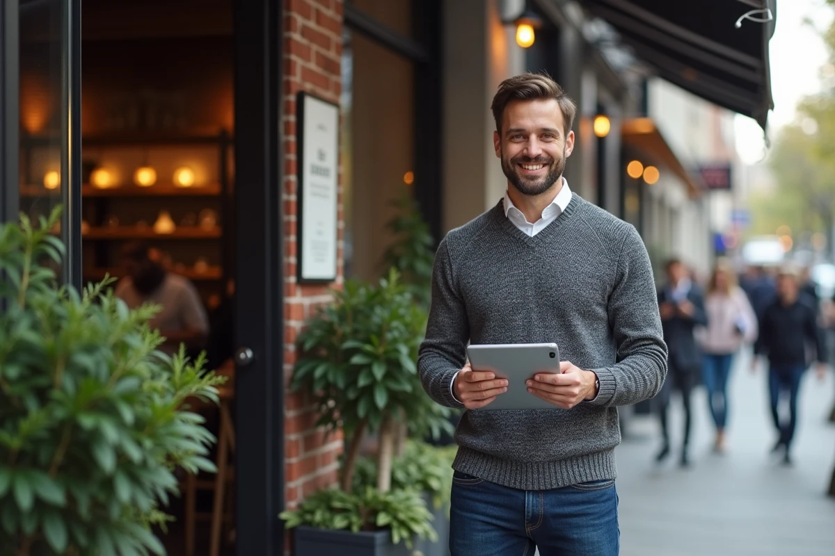 Homme souriant avec tablette devant un café urbain