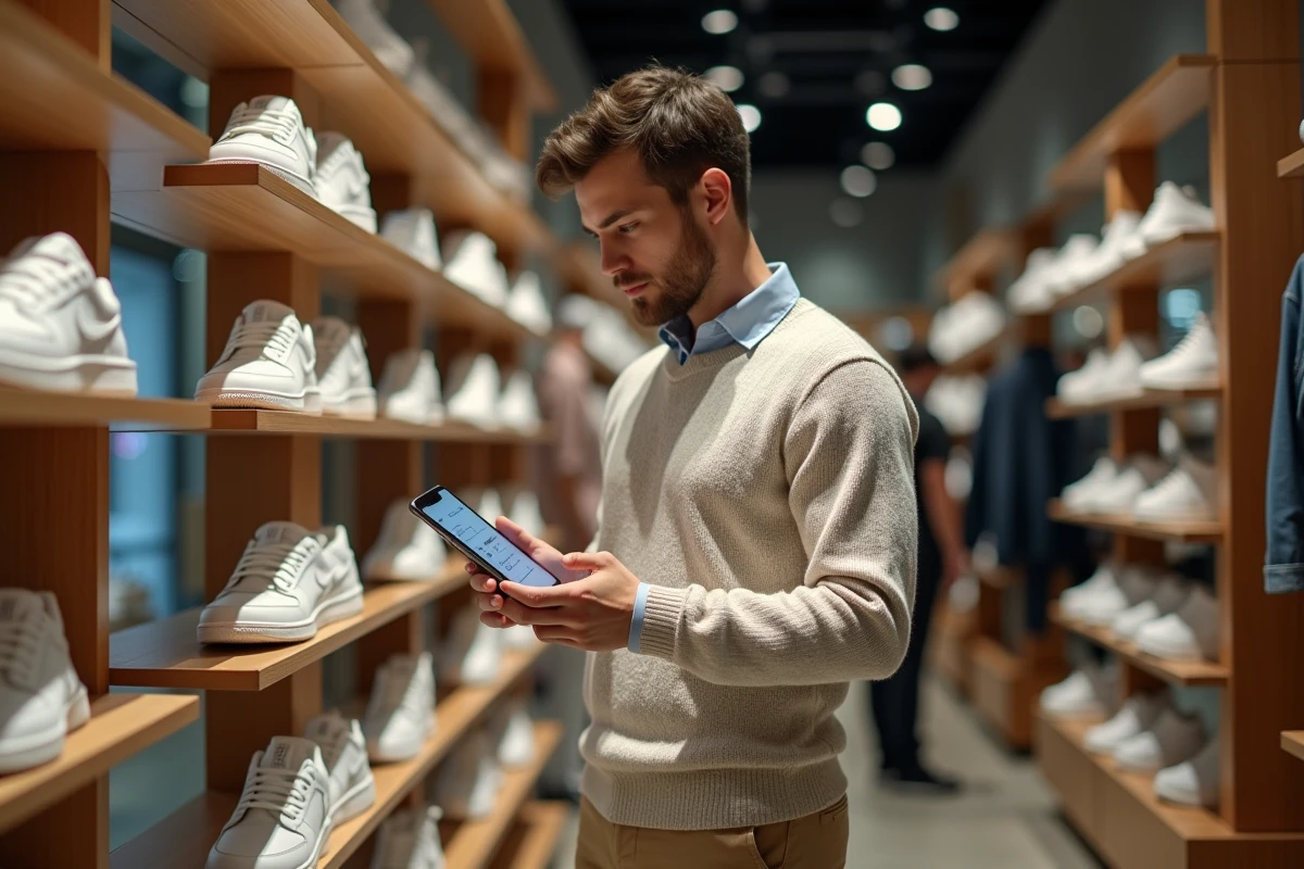 Jeune homme dans une boutique de chaussures regardant son smartphone