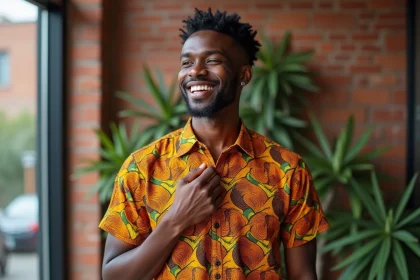 Homme en chemise africaine à motifs kente orange et or dans un cadre urbain moderne
