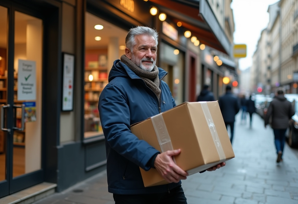 Homme avec colis dans une rue urbaine en automne