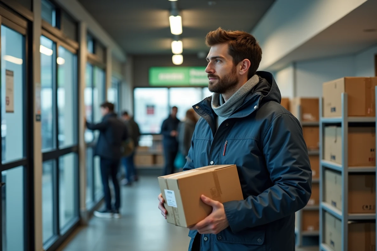 Homme en manteau attendant avec un colis dans un centre de retrait
