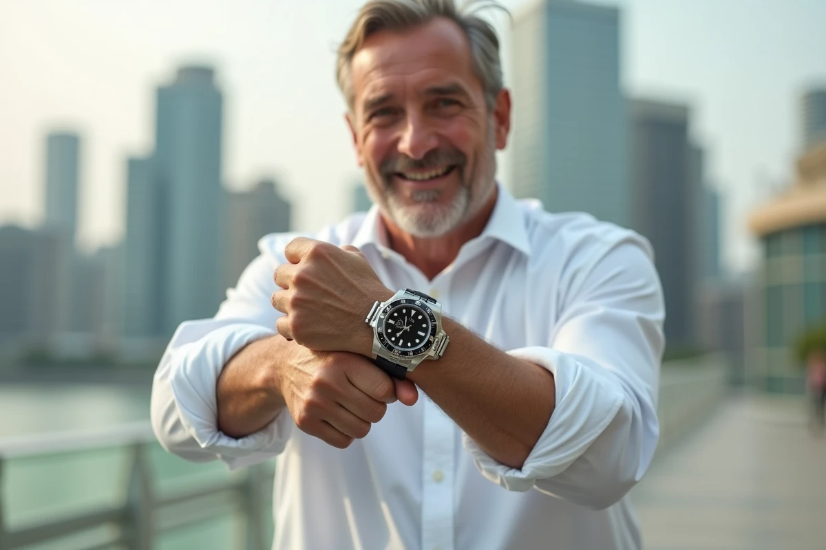Homme comparant une Rolex Datejust 36 et une Rolex 41 portées aux deux poignets sur une terrasse urbaine