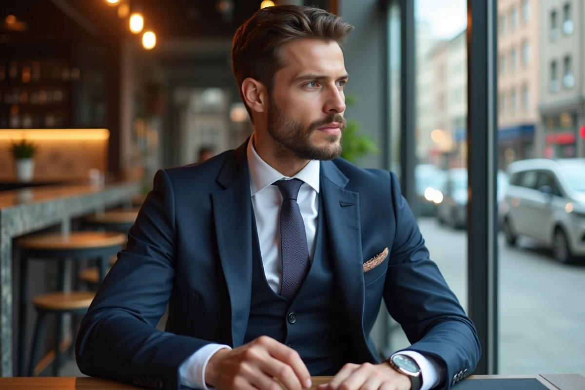Homme en costume dans un caf&eacute; urbain moderne