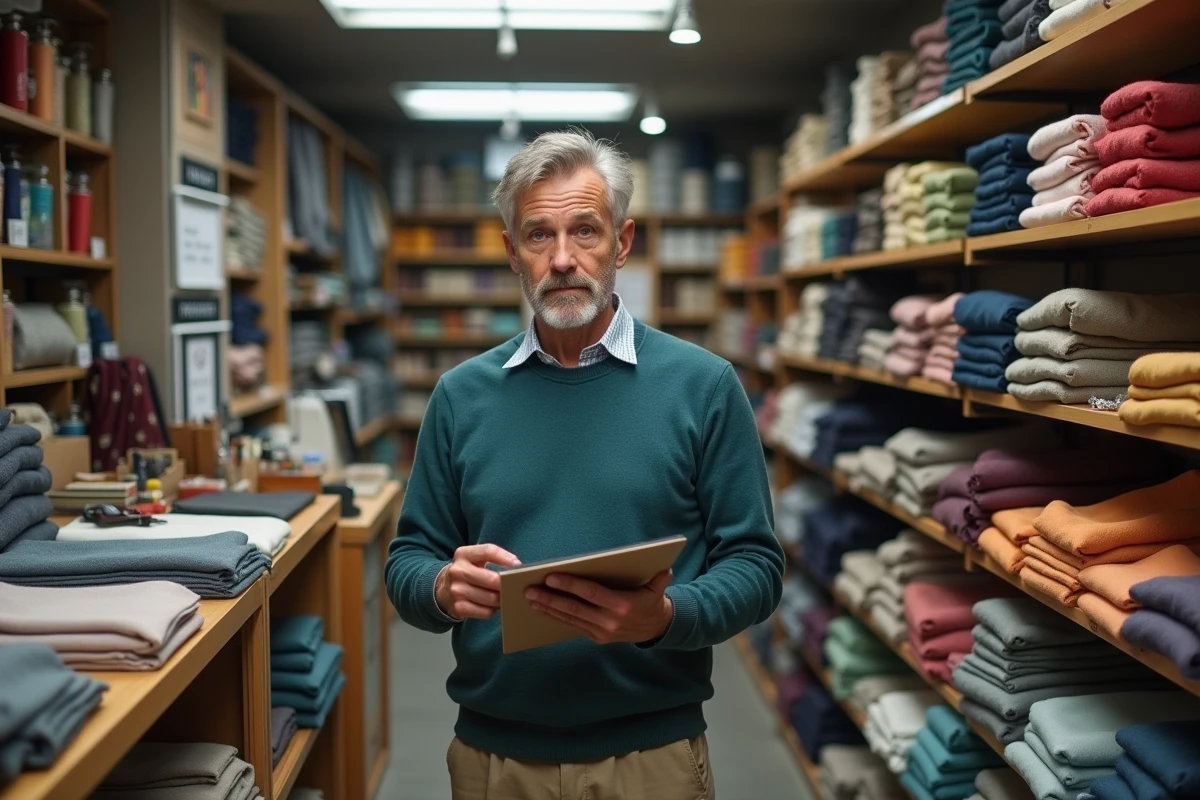 Homme choisissant des tissus dans une boutique de couture
