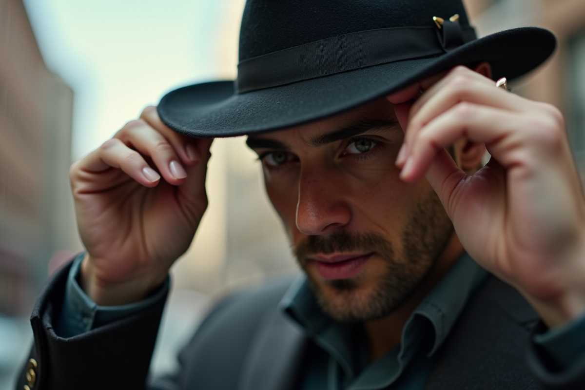 Homme utilisant des épingles pour fixer son fedora en ville