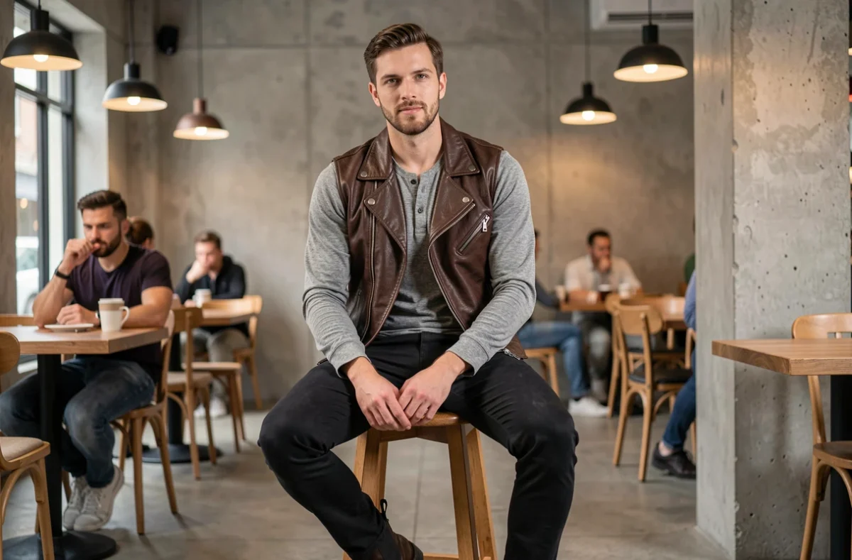 Homme en gilet cuir biker marron sur pull gris assis dans un café minimaliste, style biker urbain masculin au quotidien