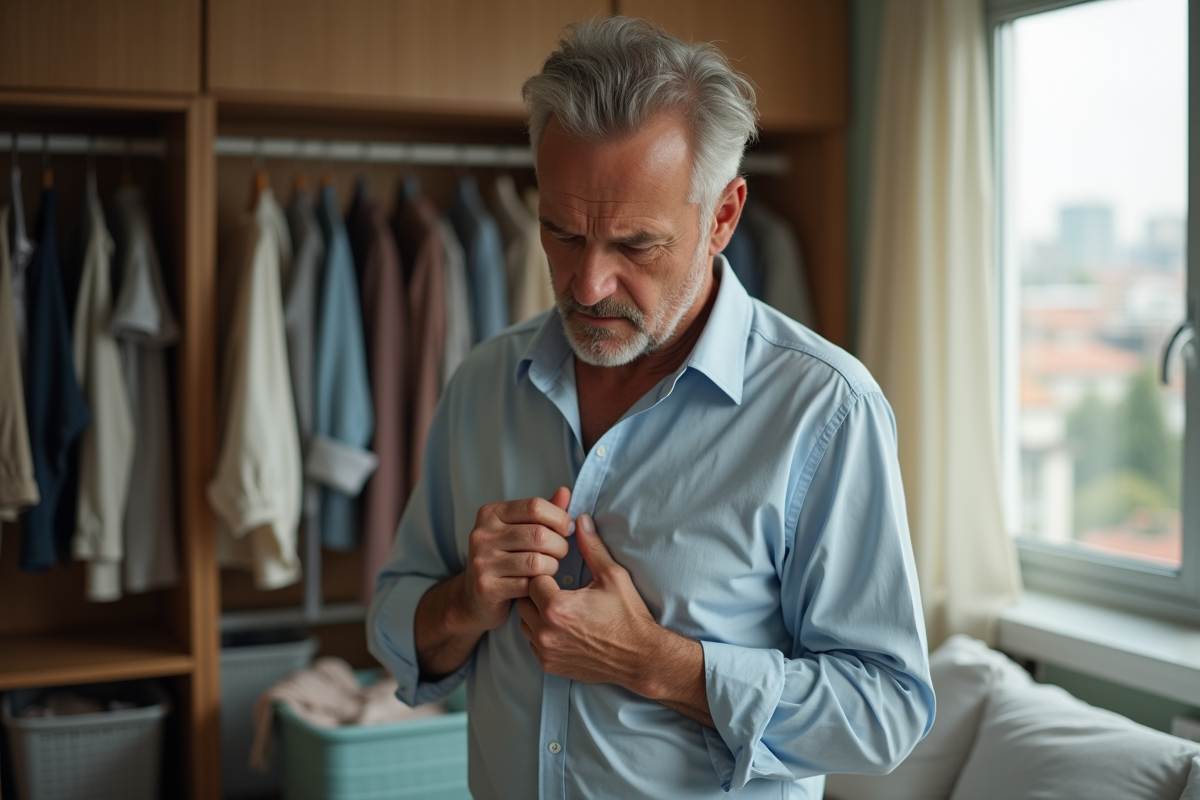 Homme regardant un shirt froissé dans sa chambre urbaine