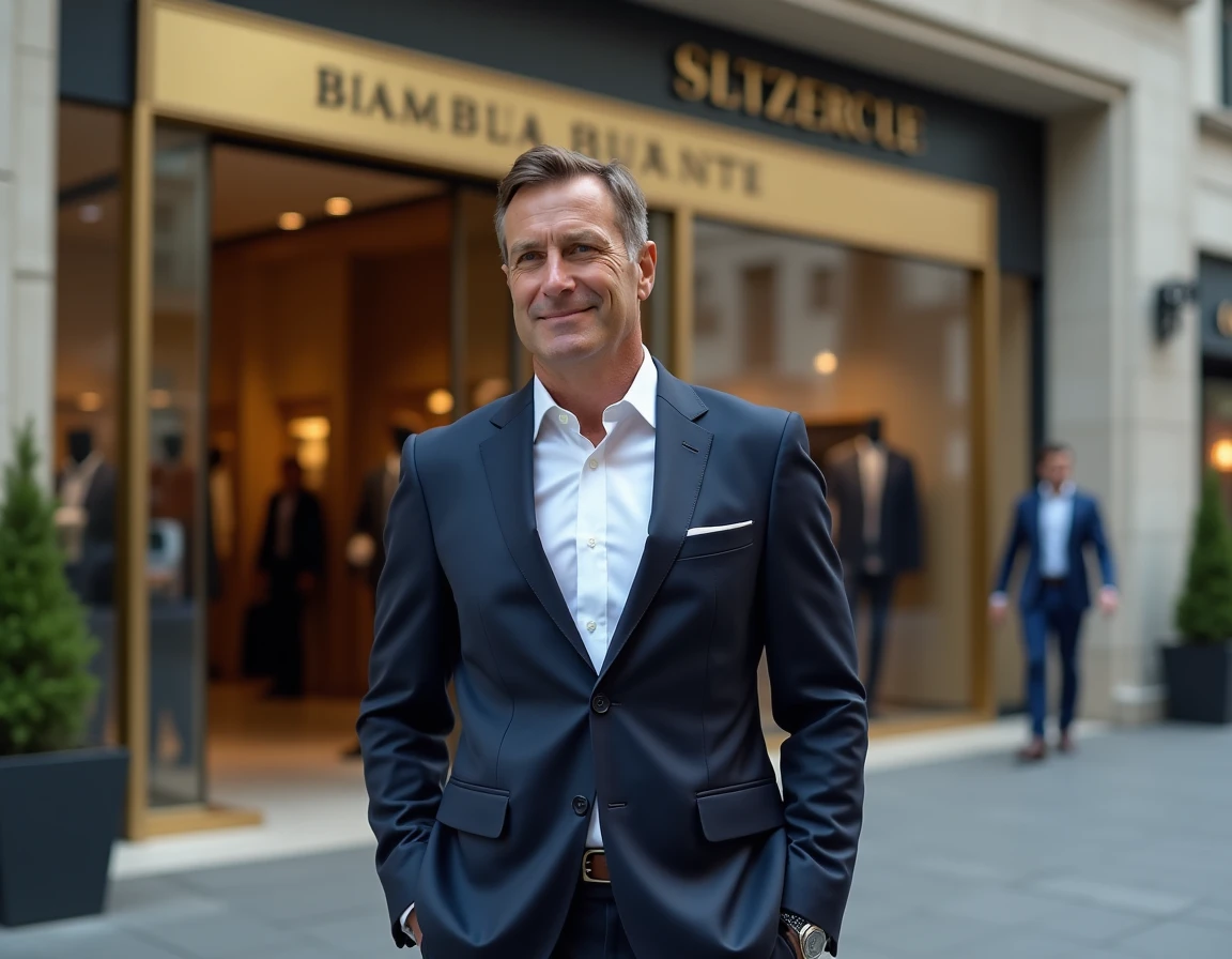 Homme élégant devant une boutique de mode haut de gamme arborant un logo de marque de vêtements connue sur son blazer
