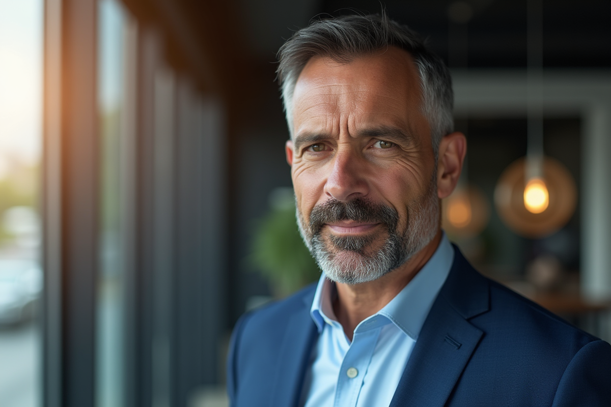 Homme mature en costume bleu près d