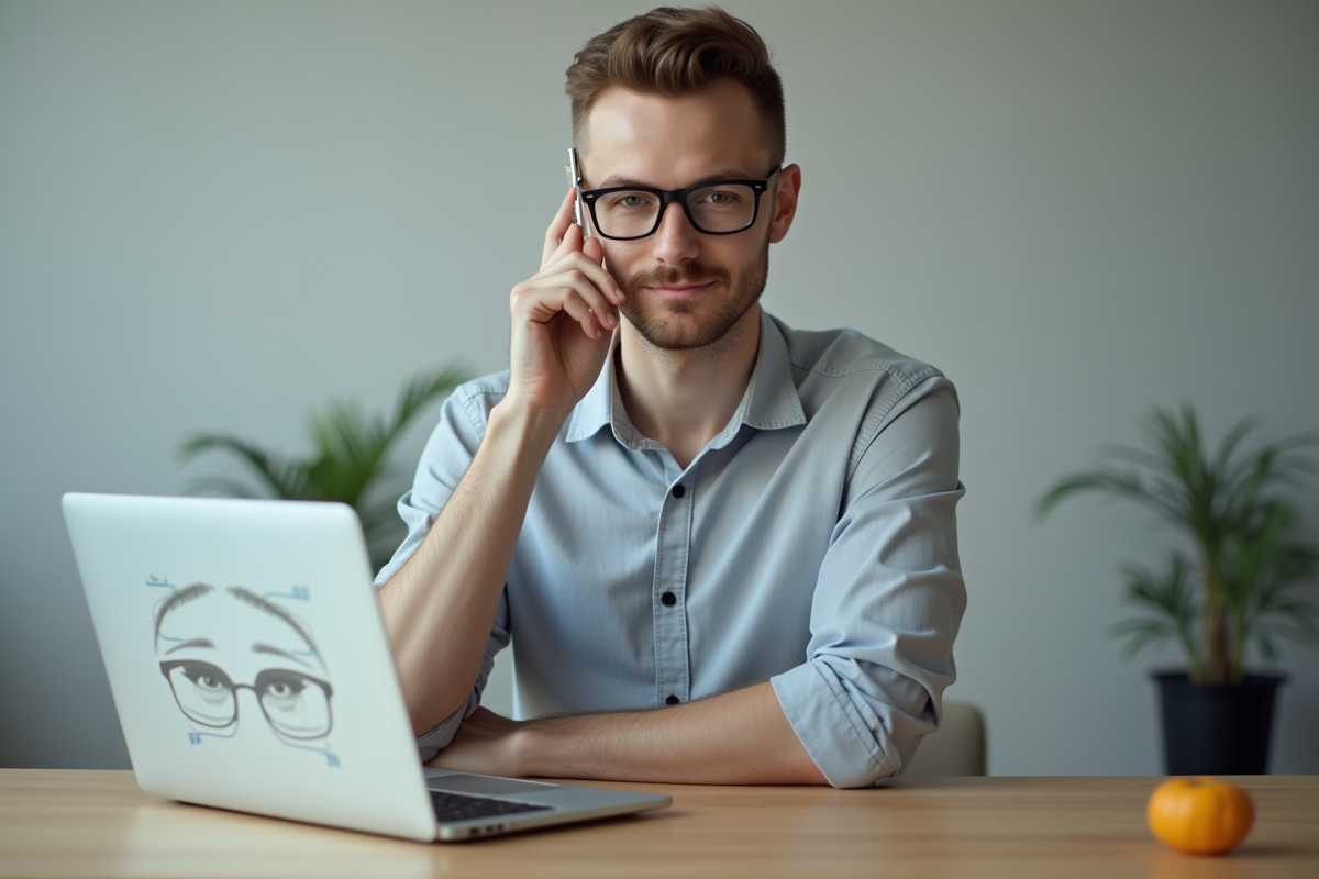 Homme avec règle et lunettes consulte instructions sur ordinateur