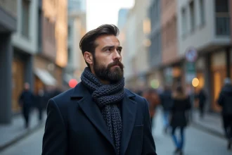 Homme élégant avec barbe dans une rue urbaine dynamique